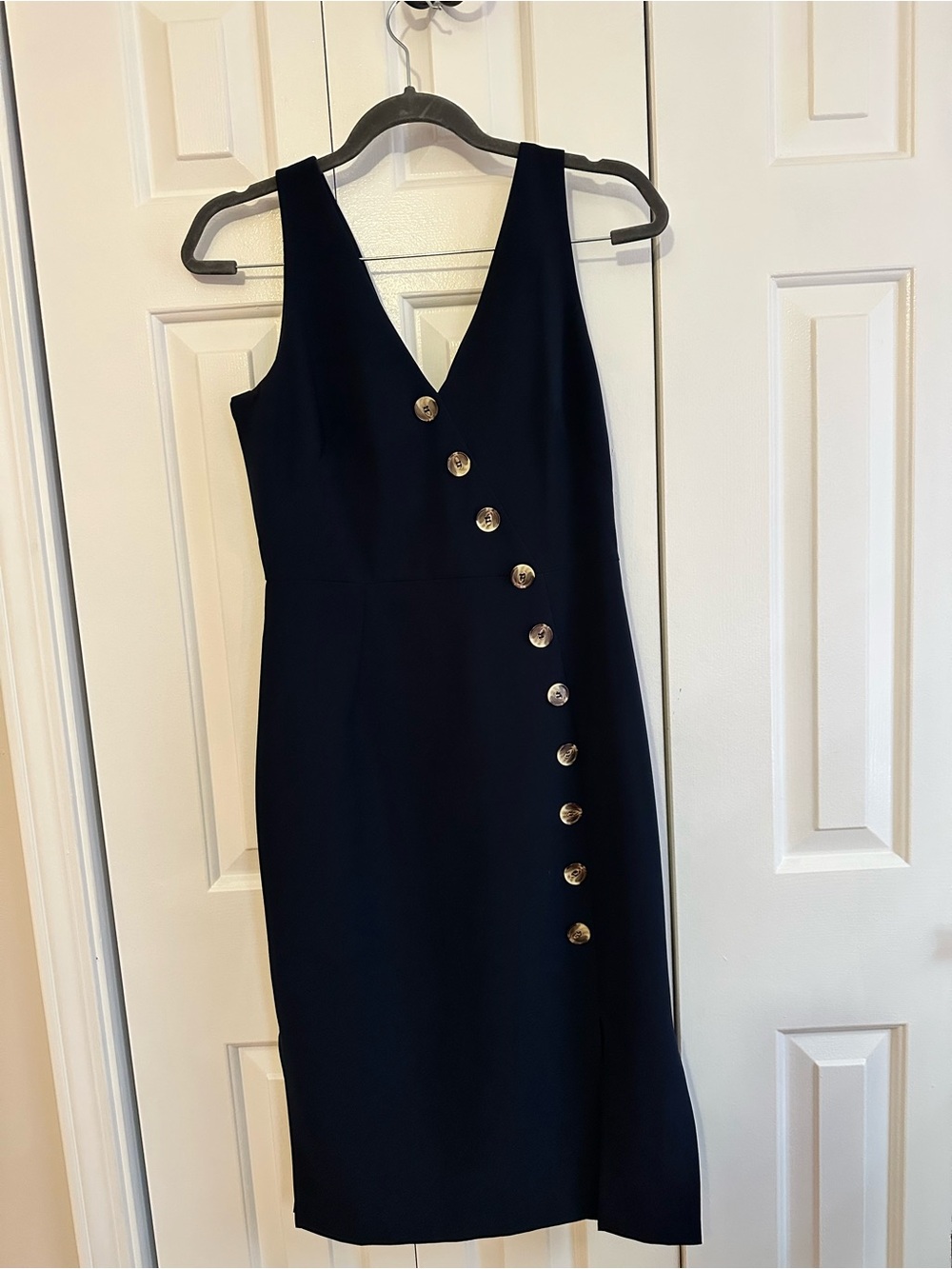 Vince Camuto Navy V-Neck Midi Dress with Gold Button Detail
